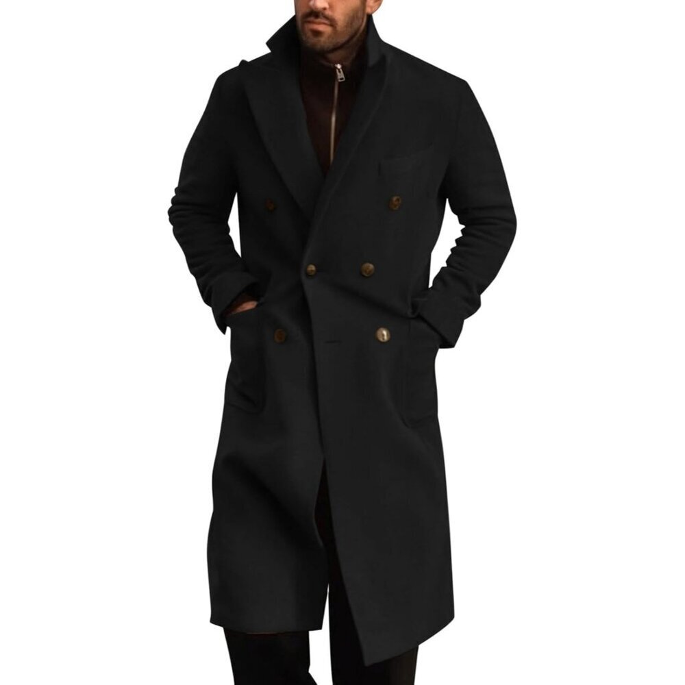 Men's Black Wool Blend Casual Trench Coat Notched Collar Lapel Breasted Coat